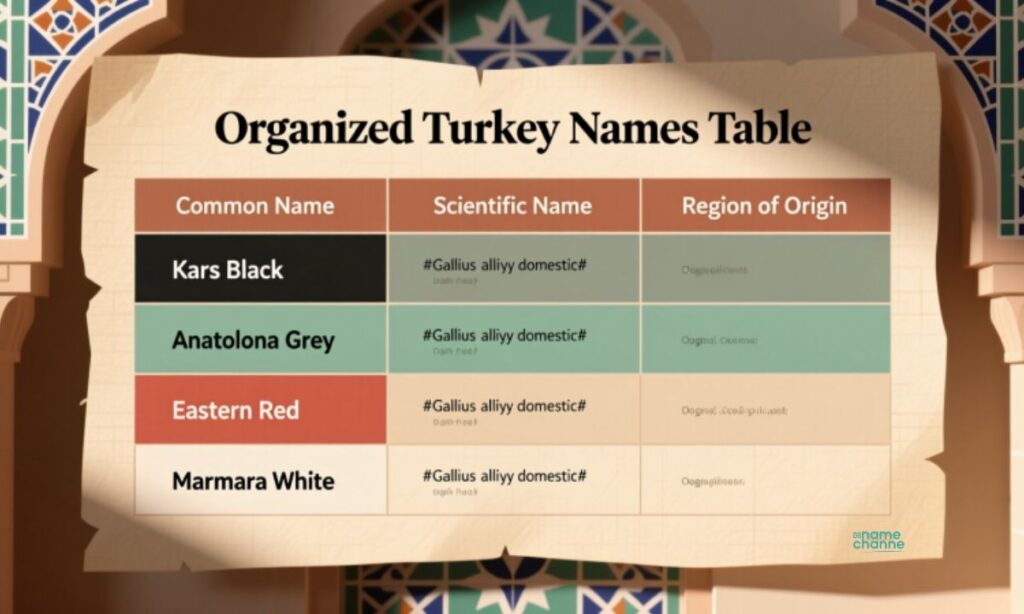 Organized Turkey Names Table